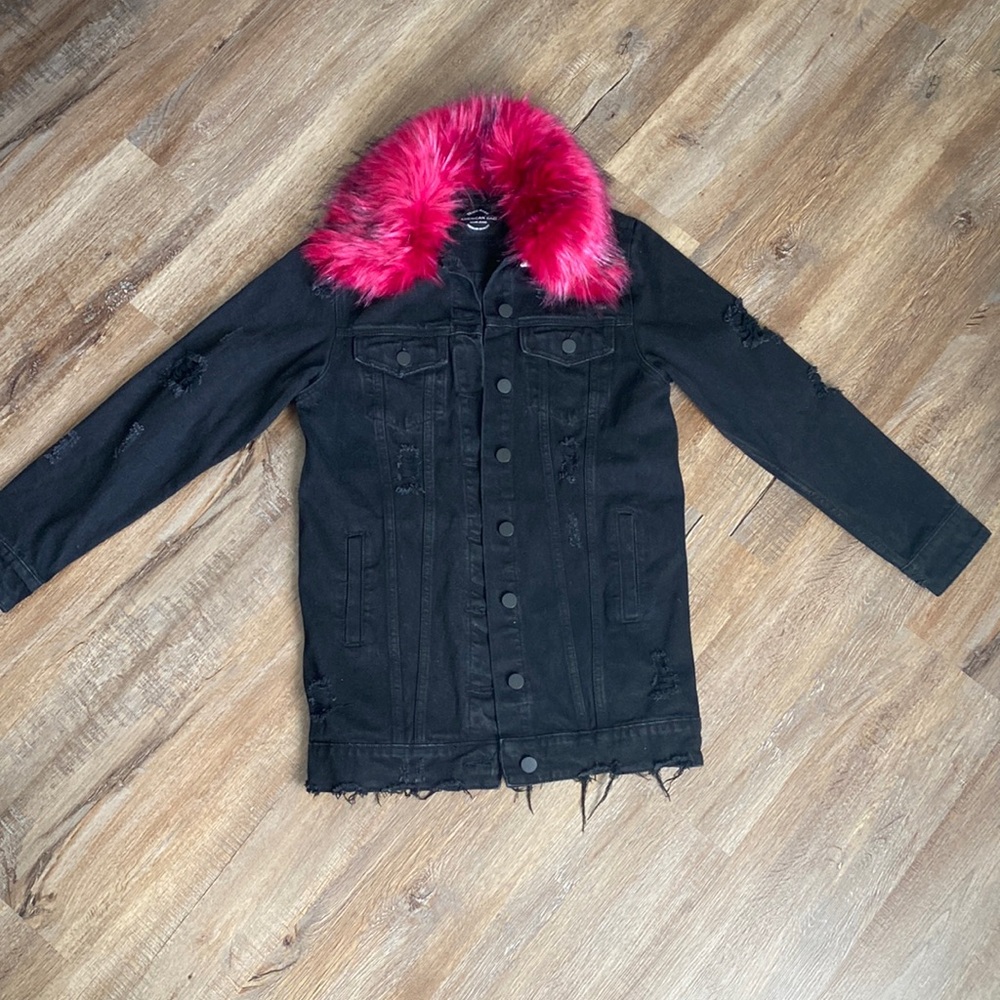 FASHION NOVA Long Distressed Denim Jacket w/ Faux Fur Collar - Picture 2 of 6